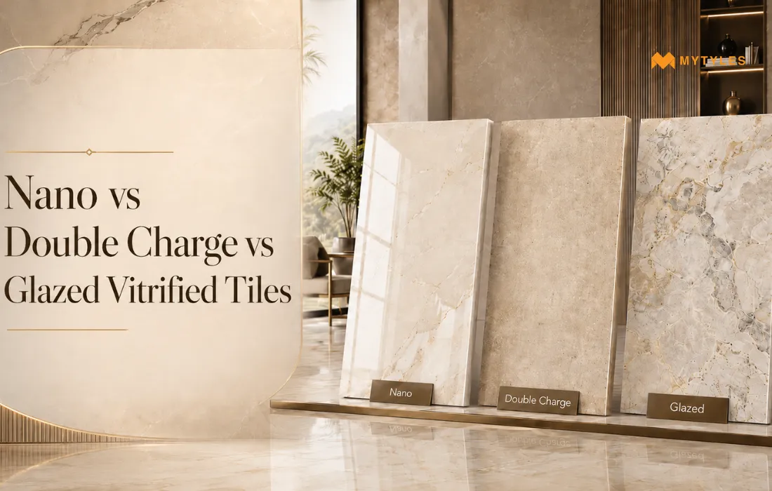         Feature  Nano Vitrified Tiles  Double Charge Vitrified Tiles  Glazed Vitrified Tiles  Surface finish  Glossy and polished  Smooth, strong and usually polished  Available in matt, glossy, rustic, textured, carved and decorative finishes  Manufacturing difference  Treated as nano coating vitrified tiles, where a fine polish helps fill tiny surface pores  Made with two layers of pigment for better surface strength  Has a glazed printed layer on top, allowing more designs  Best used for  Dry indoor floors  High-traffic indoor floors  Floors and walls, depending on finish and product suitability  Slip resistance  Can be slippery when wet  Can be slippery if polished  Depends on finish; matt and textured options offer better grip  Stain resistance  Good due to nano surface treatment  Good for regular use  Good, but depends on glaze quality and surface finish  Durability  Suitable for regular indoor residential use  Stronger for heavy foot traffic  Durable, but performance depends on tile body, glaze and finish  Maintenance  Easy to clean  Easy to maintain  Easy to maintain; textured finishes may need slightly more cleaning  Price positioning  Usually budget-friendly to mid-range  Usually mid-range to premium  Available from affordable to premium, depending on design and finish